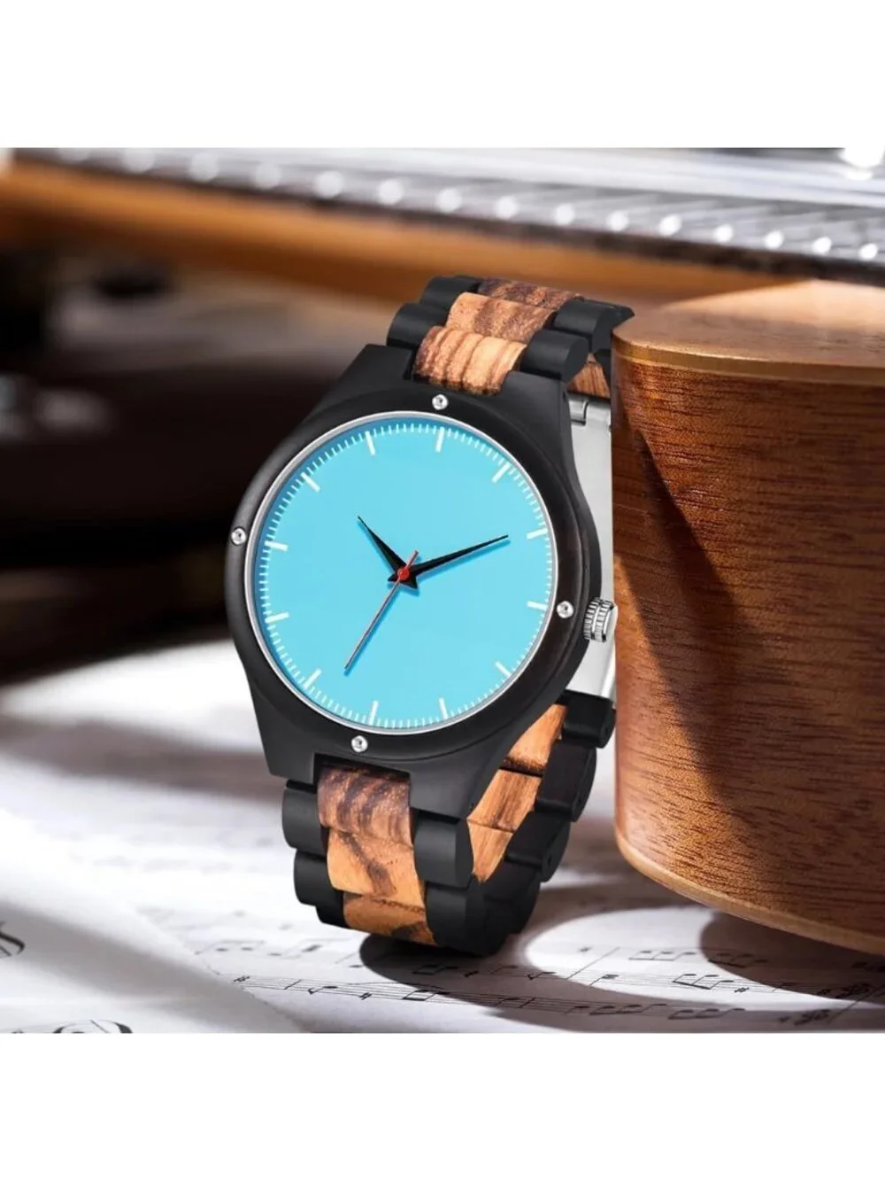 Men's Blue 100% Manual Round Classic Wrist Analog Quartz Handmade Wooden Watch